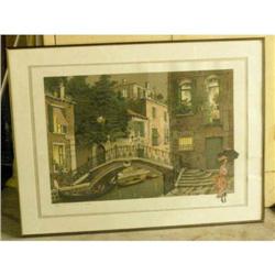 "Venise sous la pluie" by Noyer  color lithograph with certificate