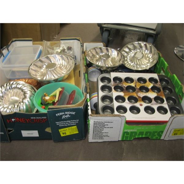 2 BOXES OF MISC. JELLY MOLDS, WAFFLE IRON SET, MUFFIN TINS, ETC.