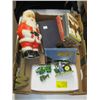 Image 1 : BOX OF MISC. COLLECTABLES, SANTA COIN BANK, BOOKS, HIROSHIMA POST CARDS, JOHN DEERE TOYS, ETC.