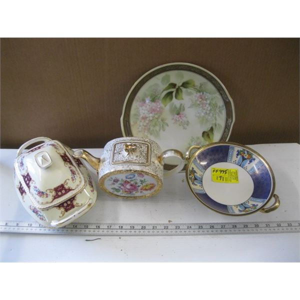 4 PIECES OF CHINA, SADLER TEAPOT, LIDDED SERVING DISH, NORATAKI BOWL, PLATE, ETC.