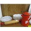 Image 1 : MISC. FIREKING SERVING DISHES, ENAMEL KETTLE, WOODEN ROLLING PIN