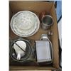 Image 2 : PEDESTAL CAKE PLATE & A BOX OF MISC. SILVER PLATE, BATHROOM ACCESS. ETC.