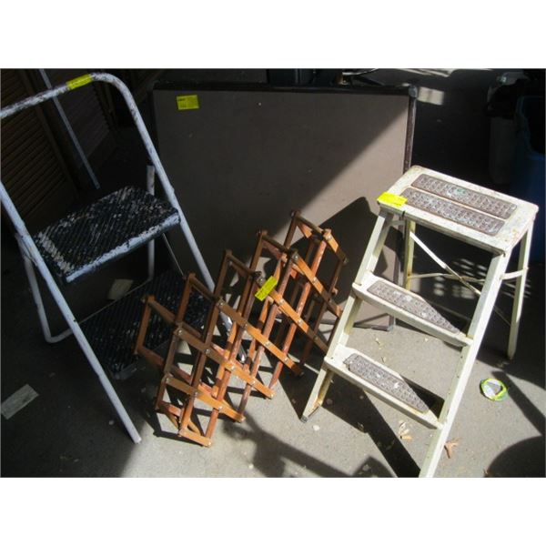 MISC. LADDERS, FOLDING TABLE, WINE RACK