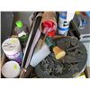 Image 2 : BOX OF MISC. GARDEN ITEMS, CANADIAN FLAGS, UMBRELLA, ETC.