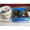 Image 1 : BOX & BUCKET OF ASST. TOOLS, STARTER, AUTOMOTIVE TEST TOOLS, 1/4" TORQUE WRENCH, ETC.