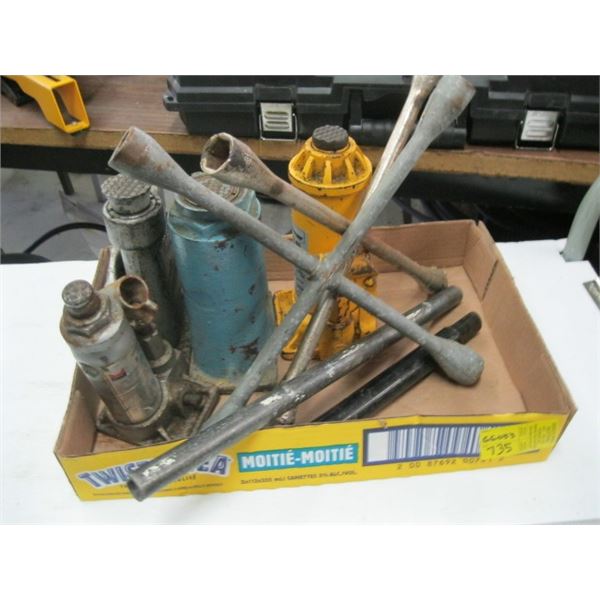 BOX OF ASST. HYDRAULIC JACKS, WHEEL WRENCHES, ETC.