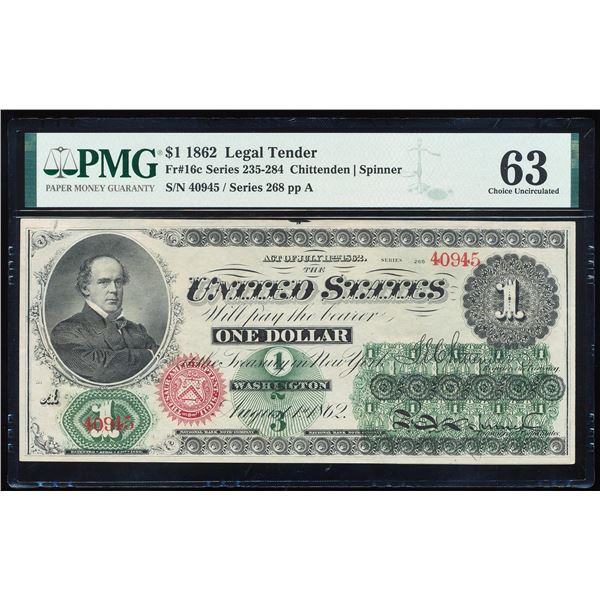 1862 $1 Legal Tender Note Fr.16c PMG Choice Uncirculated 63