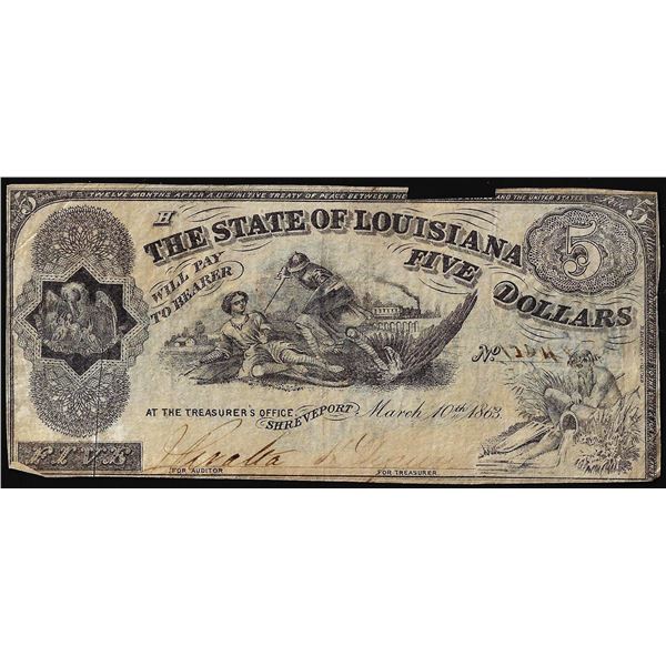 1863 $5 The State of Louisiana Baton Rouge, LA Obsolete Banknote