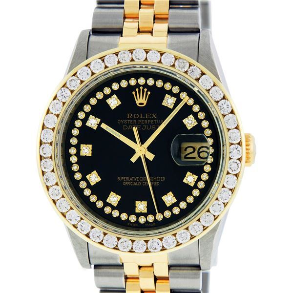 Rolex Men's Two Tone Black String 3 ctw Diamond Datejust Wristwatch
