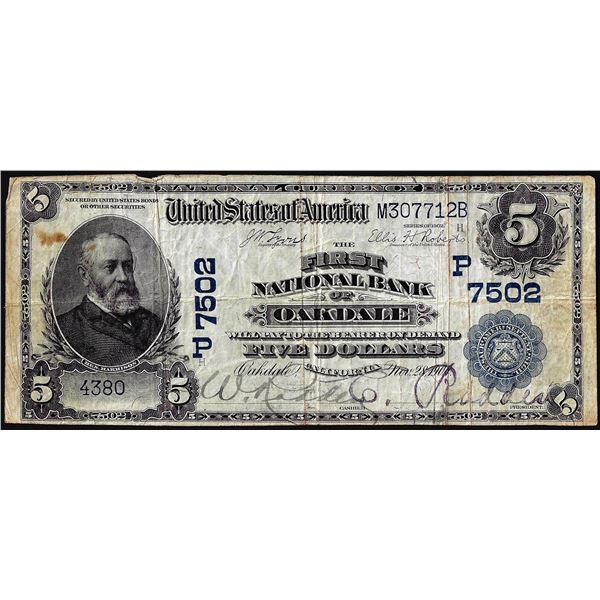 1902DB $5 First NB of Oakdale, California CH# 7502 National Currency Note
