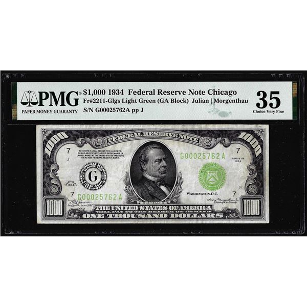 1934 $1,000 Federal Reserve Note Fr.2211-G PMG Choice Very Fine 35 Light Green Seal