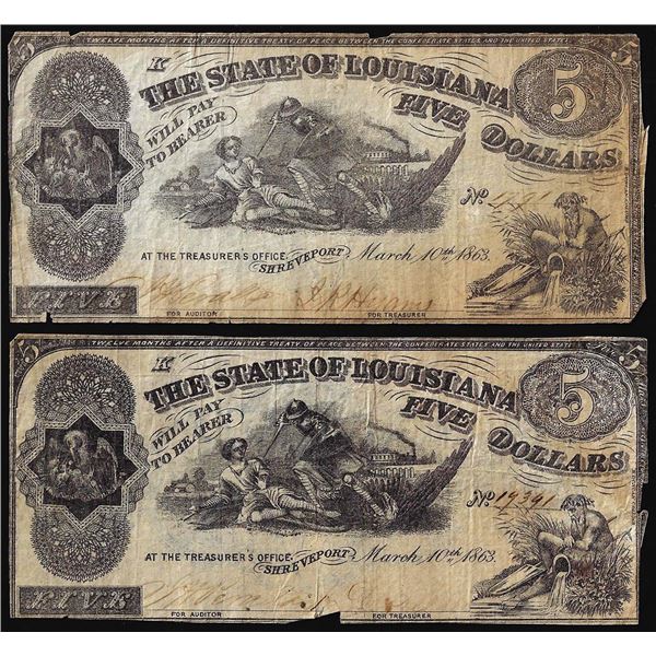 Lot of (2) 1863 $5 The State of Louisiana Baton Rouge, LA Obsolete Banknotes