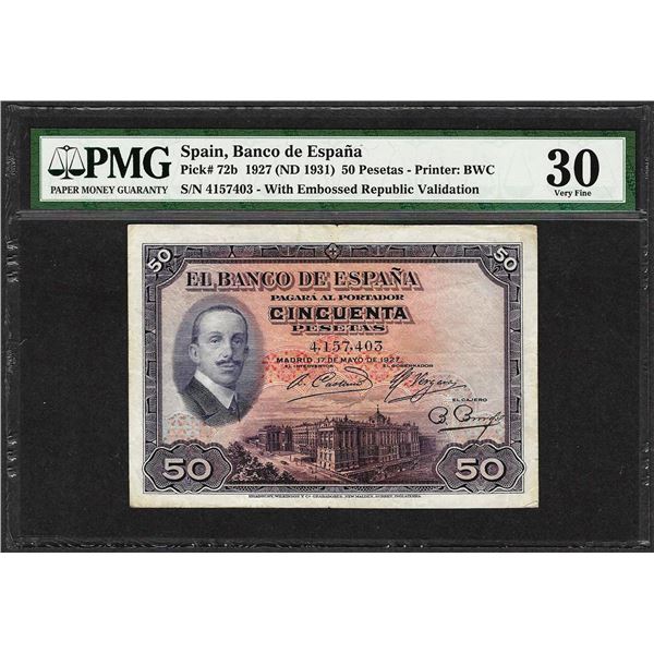 1927 Spain Banco de Espana 50 Pesetas Note Pick# 72b PMG Very Fine 30