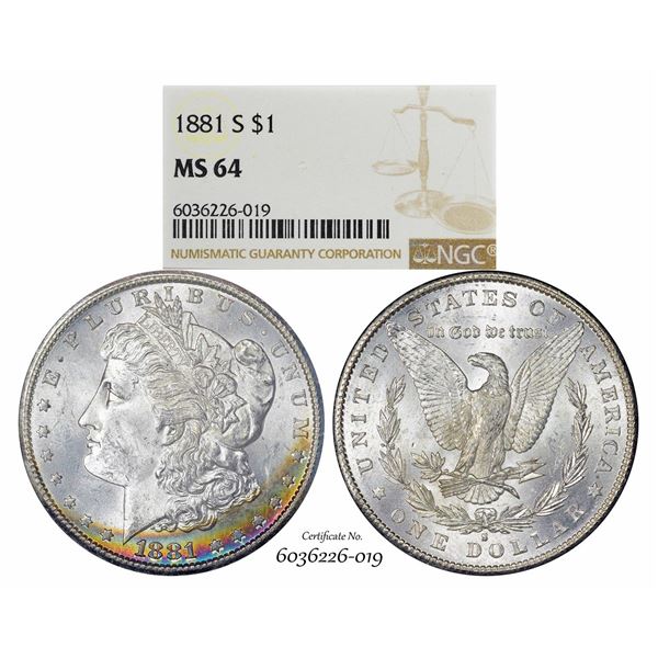 1881-S $1 Morgan Silver Dollar Coin NGC MS64 Amazing Toning