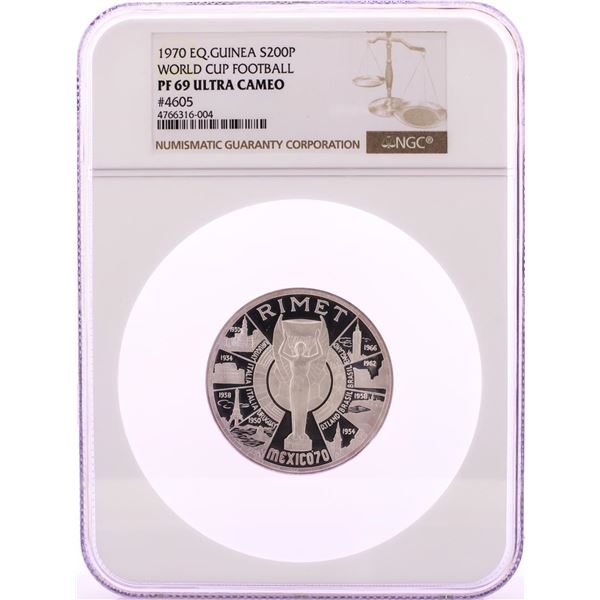 1970 Equatorial Guinea 200 Pesetas World Cup Football Silver Coin NGC PF69 Ultra Cameo