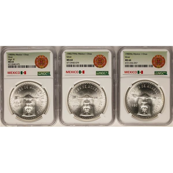 Lot of  (3) 1980Mo Mexico 1 Onza Silver Coins NGC MS64