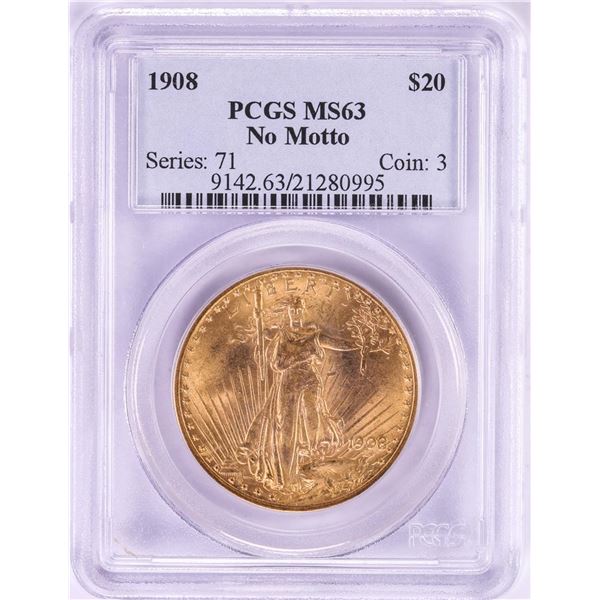 1908 No Motto $20 St. Gaudens Double Eagle Gold Coin PCGS MS63