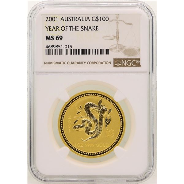 2001 $100 Australia Year of the Snake Gold Coin NGC MS69