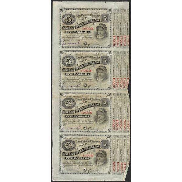 Uncut Sheet of (4) State of Louisiana Baby Bond Obsolete Notes