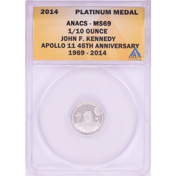 2014 Proof 1/10 oz Platinum JFK Apollo 11 Anniversary Medal ANACS MS69