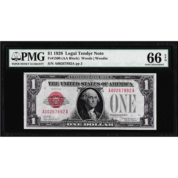 1928 $1 Legal Tender Note Fr.1500 PMG Gem Uncirculated 66EPQ