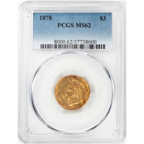 1878 $3 Indian Princess Head Gold Coin PCGS MS62