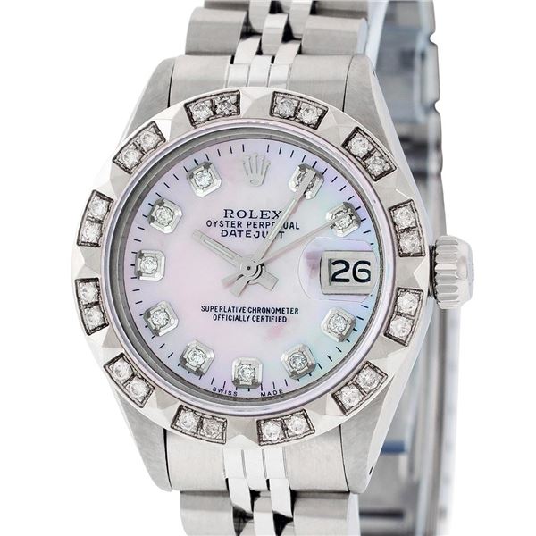 Rolex Ladies Stainless Steel Pink MOP Diamond Datejust Wristwatch