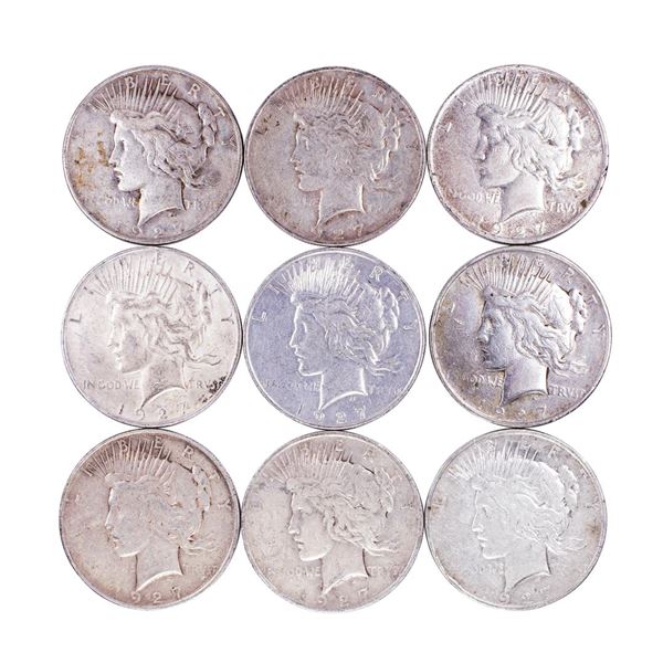 Lot of (9) 1927-D $1 Peace Silver Dollar Coins