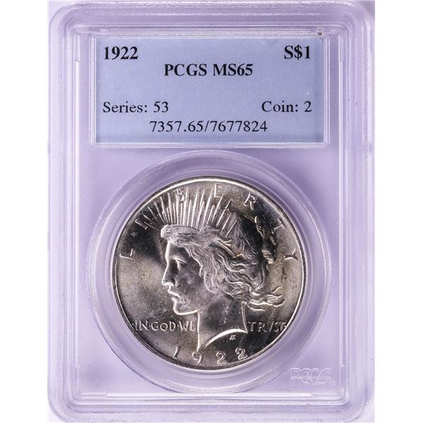 1922 $1 Peace Silver Dollar Coin PCGS MS65