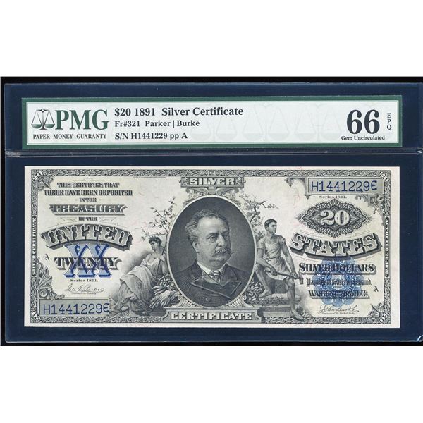 1891 $20 'Manning' Silver Certificate Note Fr.321 PMG Gem Uncirculated 66EPQ