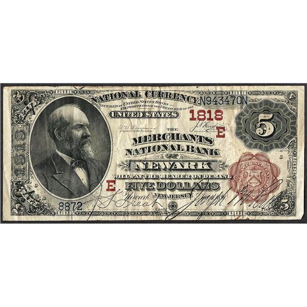 1882 BB $5 Merchants NB of Newark, NJ CH# 1818 National Currency Note