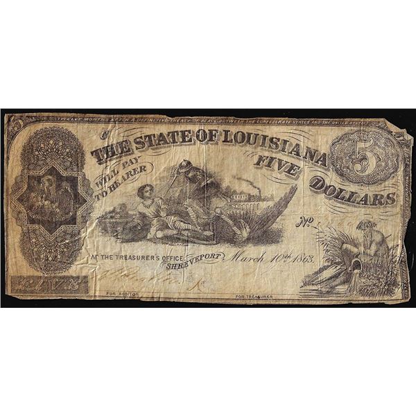 1863 $5 The State of Louisiana Baton Rouge, LA Obsolete Banknote