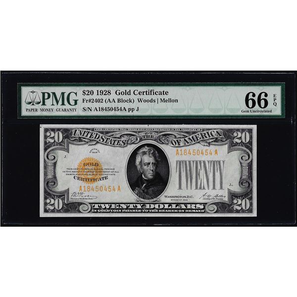 1928 $20 Gold Certificate Note Fr.2402 PMG Gem Uncirculated 66EPQ