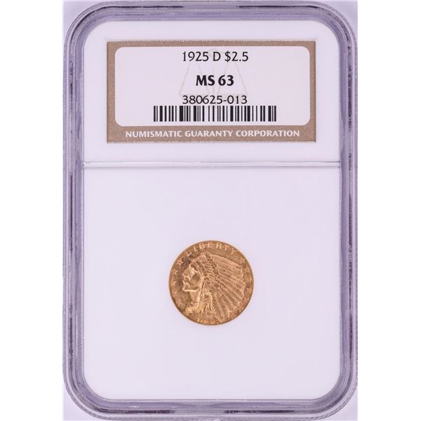 1925-D $2 1/2 Indian Head Gold Coin NGC MS63