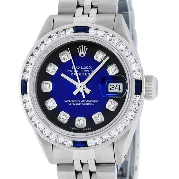 Rolex Ladies Stainless Steel Blue Vignette Diamond & Sapphire Datejust Wristwatch