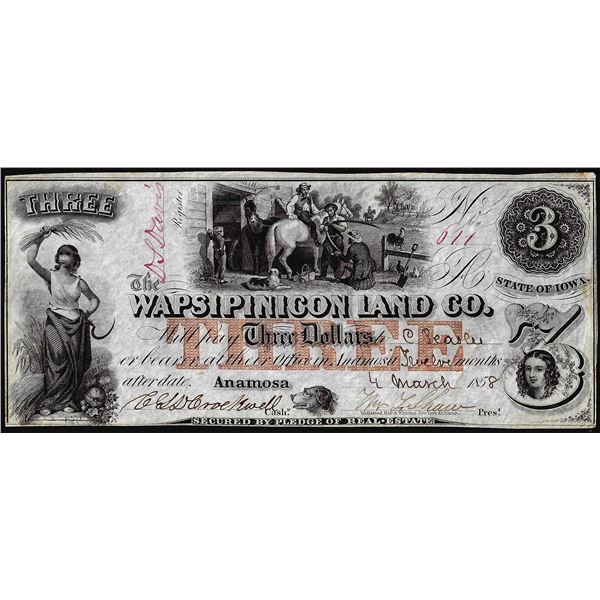 1858 $3 The Wapsipinicon Land Co. Anamosa, IA Obsolete Currency Note