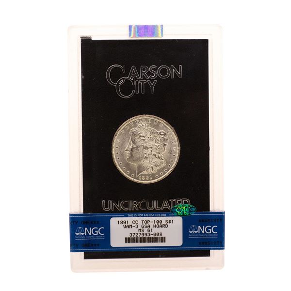 1891-CC Top-100 VAM-3 $1 Morgan Silver Dollar Coin Uncirculated GSA NGC MS61 CAC