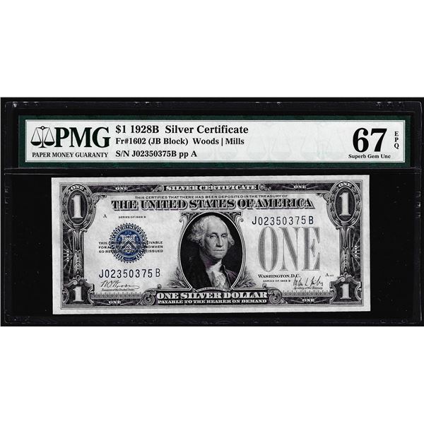 1928B $1 Funnyback Silver Certificate Note Fr.1602 PMG Superb Gem Uncirculated 67EPQ