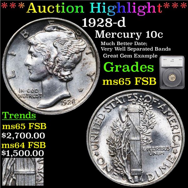 ***Auction Highlight*** 1928-d Mercury Dime 10c Graded ms65 FSB By SEGS (fc)