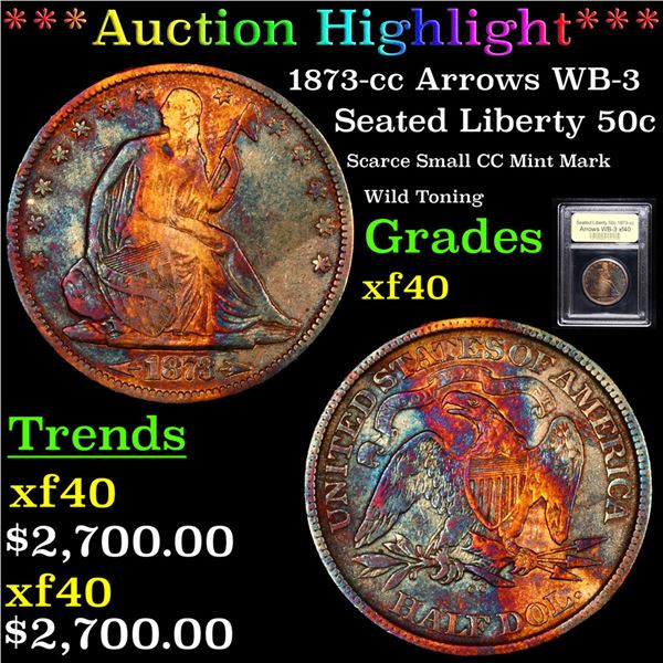 ***Auction Highlight*** 1873-cc Arrows WB-3 Seated Half Dollar 50c Graded xf BY USCG (fc)