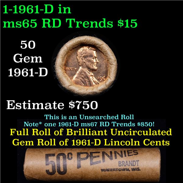 Shotgun Lincoln 1c roll, 1961-d 50 pcs Brandt Wrapper Grades