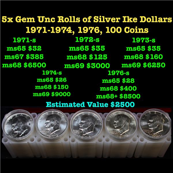 ***Auction Highlight*** 5 Gem Unc Rolls of Silver Ike Eisenhower $1 100 Silver Ike's 1971-1976 Eisen