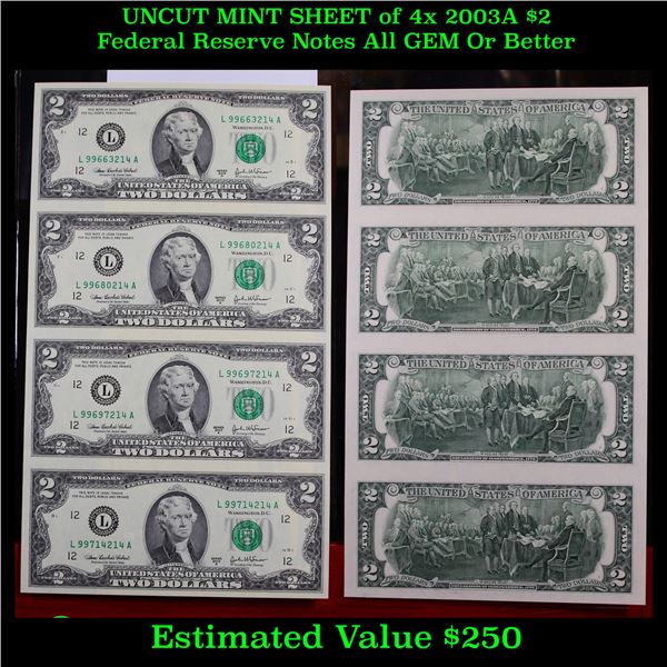 UNCUT MINT SHEET of 4x 2003A $2 Federal Reserve Notes All GEM Or Better