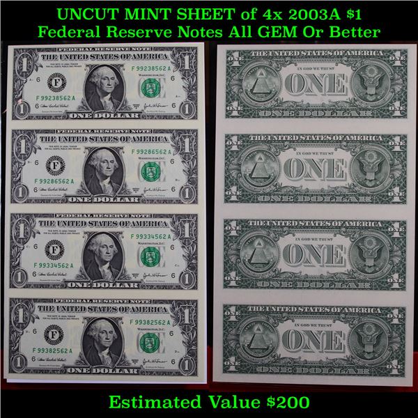 UNCUT MINT SHEET of 4x 2003A $1 Federal Reserve Notes All GEM Or Better