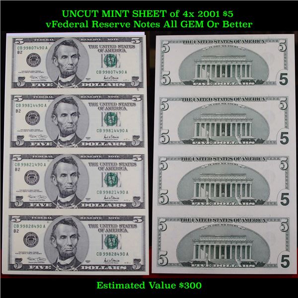 UNCUT MINT SHEET of 4x 2001 $5 Federal Reserve Notes All GEM Or Better