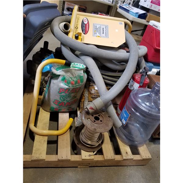 PALLET OF MISC (HOSE, FIRE EXTINGUISHER, WATER BOTTLE, WIRE, GRAVEL, MOTORS, ETC)