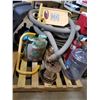 Image 1 : PALLET OF MISC (HOSE, FIRE EXTINGUISHER, WATER BOTTLE, WIRE, GRAVEL, MOTORS, ETC)