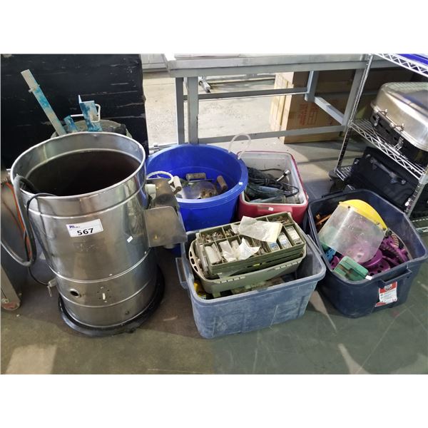 5 BUCKETS OF ASSORTED POWER TOOLS, HAND TOOLS, SCREWS, EXTENSION CORD, SCRAPERS, ETC)