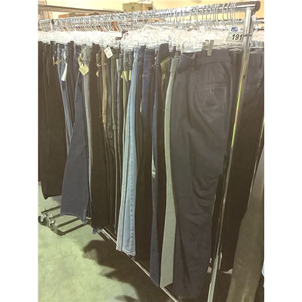 RACK OF ASSORTED SIZE PANTS, JEANS, ETC (RACK NOT INCLUDED)