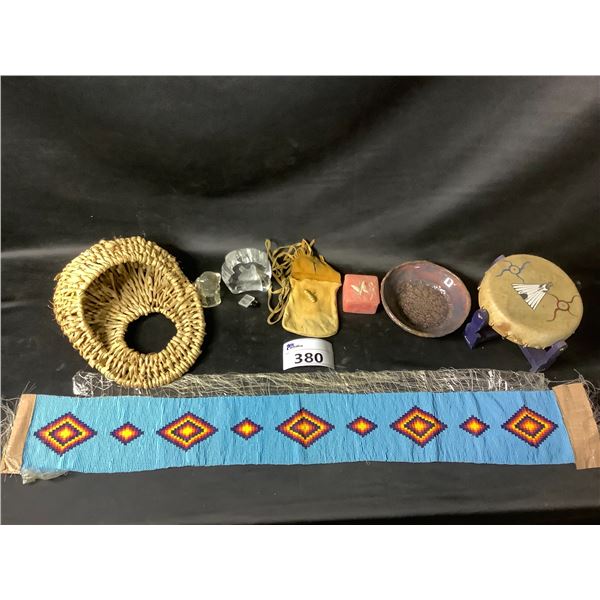 DRUM ON STAND, BASKET, DISH, POUCH WITH STRAP, GLASSWARE, ETC